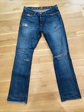 Earnest Sewn Men's Distressed Dark Blue Jeans